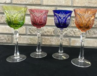 4 German Echt Bleikristall Bohemian Wine Glass Cut to Clear Crystal Multi Color 3