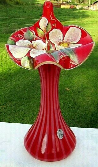 Fenton Rare Ruby Opalescent Hp Rib Optic Tulip - Jip - Jack In The Pulpit Vase 11 " H