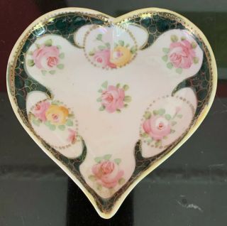 Vintage Hand Painted Nippon Heart Shape Trinket Dish Floral Moriage