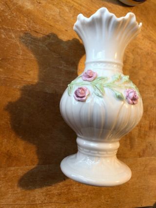Belleek Ireland Bud Vase 6 1/4” W/applied Roses