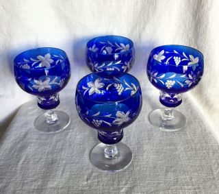 Set Of 4 Bohemian Cobalt Blue Cut To Clear Goblets Hock Wine Glasses,  5 5/8” Tall