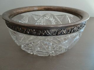 American Brilliant Cut Glass Bowl With Ornate Sterling Rim Heavy