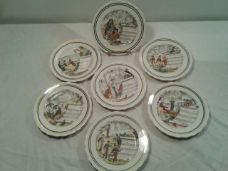 7 Pv French Comical Musical Cabinet Plates 6  Diameter