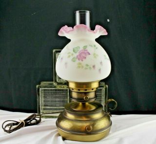 16 " Vintage Fenton Glass Colonial Hammered Brass Table Lamp Satin Pink Burmese
