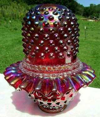 Fenton Ruby Red Carnival Iridescent Hobnail 3 Piece Fairy Lamp 7 " H Rare