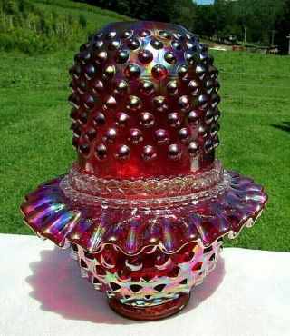 Fenton Ruby Red Carnival Iridescent Hobnail 3 Piece Fairy Lamp 7 