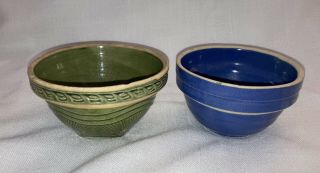2 Antique Stoneware Yellow Ware Pottery Small Bowl 5 " Blue 5.  5 " Green Primitive