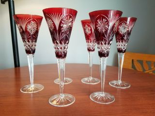 Waterford ??? Crystal Snowflake Ruby Red Champagne Flutes Set / 6
