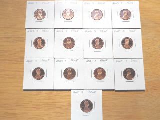 2000 2001 2002 2003 - 2007 2008 2009 S Lincoln Cent Penny Proof 13 Set Toned