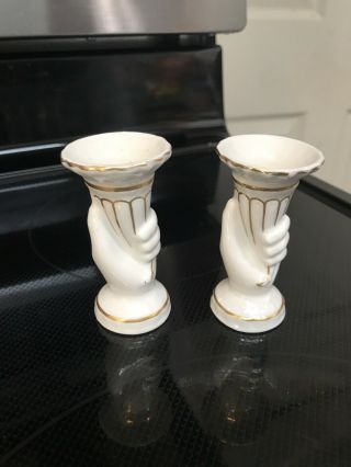 Two Va Vista Alegre Portugal Hand Painted Small Vases Gold Trim Pair 3”