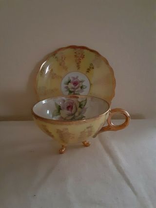 Vintage Tea Cup Saucer Royal Sealy? Lusterware Iridescent Yellow Gold 3 Footed