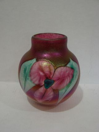 Robert Held Studio Art Glass Iridescent Pink Vase w/Flower,  Signed 2