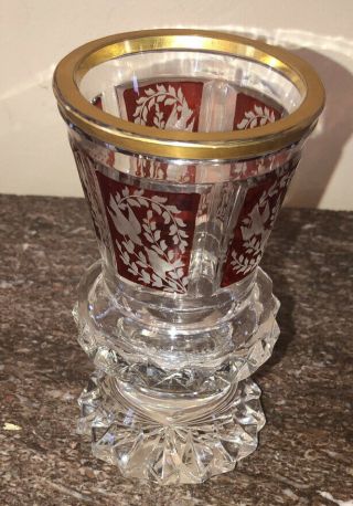 19th Century Bohemian Moser Ruby Cut To Clear Presentation Goblet W Doves