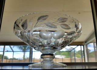American Brilliant Period Cut & Engraved Signed Hawkes Footed Bowl Compote 12 "