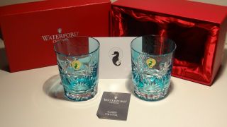 2 Waterford Snow Crystal Double Old Fashioned Glasses Aqua