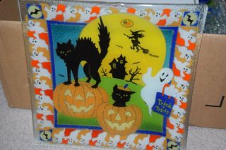 Peggy Karr Fused Glass Halloween 10 " Square Plate - Witch Cats Moon Pumpkins