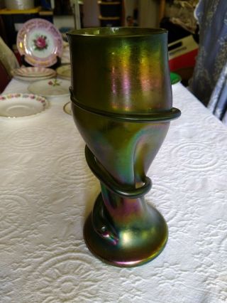 Antique Loetz Pinched Vase Green Iridescent With Applied Snake 8 3/4 " Tall