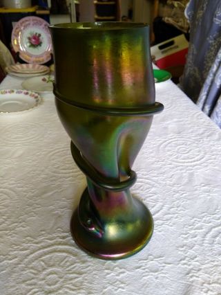Antique Loetz Pinched Vase Green Iridescent With Applied Snake 8 3/4 
