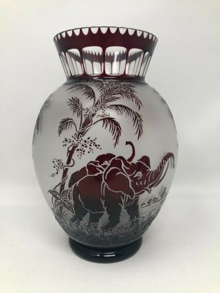 Antique Moser Art Glass Ruby Red Cameo Animor Elephants Vase 9 1/4 "