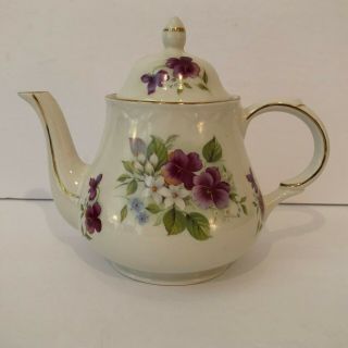 Arthur Wood & Son 6342 Porcelain Pansy Teapot With Lid & Gold Trim Euc