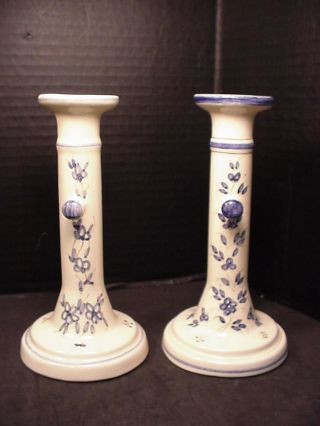 Moustiers Candle Sticks Holders Pair Hand Painted France Blue Flowers