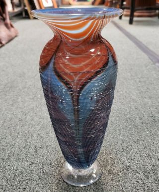 Vintage 1982 Vandermark Art Glass Pulled Feather Threads Footed Vase