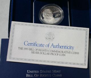 1993 Bill Of Rights 90 Silver Dollar Proof Commemorative Us Coin Box &