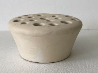 Vintage WELLER Art Pottery White Glaze Round 19 Hole Flower Frog Vase Unmarked 2