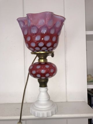 Fenton For L G Wright Cranberry Coin Dot Electric Oil Lamp