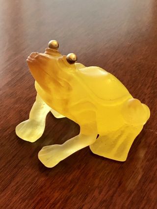 Daum France Signed Pate De Verre Acid Yellow Crystal Frog With Golden Eyes