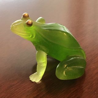 Daum France Signed Pate De Verre Acid Green Crystal Frog With Golden Eyes