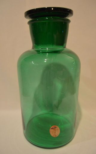 Large Mid - Century Blown Green Glass Flat Top Apothecary Decorative Jar With Lid