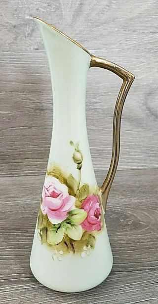 Vintage Lefton Mini Pitcher Bud Vase 748 Green Heritage Pink Roses Gold Trim