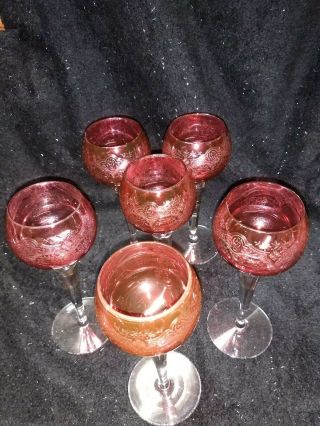 Set Of 12 Cranberry Wine Glasses With Clear Stems And Bases,  Embossed Decoration