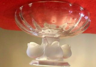 Signed Lalique France Crystal Nugent Pedestal Bowl with Birds 3