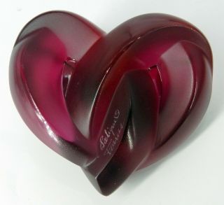 Lalique France Signed Art Glass Entrelaces Fuschia Heart Paperweight Red/purple