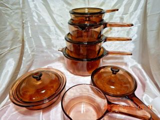 13 Pc Visions Visionware Corning Ware Amber Glass Cookware