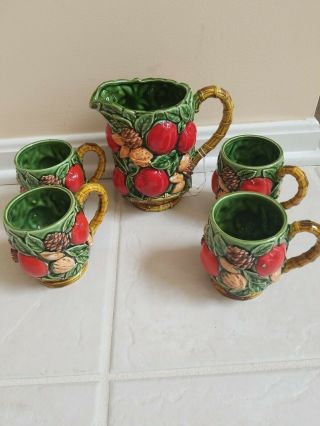 Vintage Inarco E - 44762 Ceramic Mug And Pitcher Set Pine Cones Fruit
