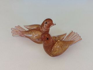 Pair Murano Glass Gold And Pink Love Birds Mid Century Barovier Toso Seguso
