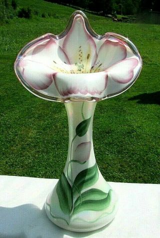 Fenton Jip - Jack In The Pulpit - Tulip Pink Crest Hand Painted Lily Vase 11”h