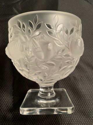 Lalique France Elizabeth Frosted Crystal Birds Footed Vase Signed With Label