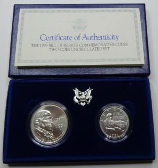 1993 Bill Of Rights Unc.  2 - Coin Silver Set - Box &