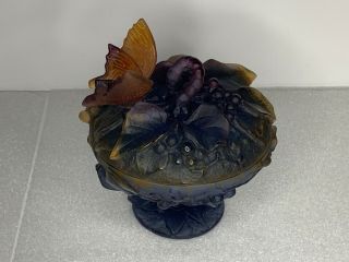 Daum Pate De Verre Art Glass Papillon Butterfly And Worm Covered Bowl Compote