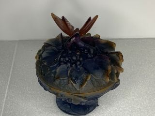 Daum Pate de Verre Art Glass Papillon Butterfly and Worm Covered Bowl Compote 2