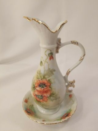 Vintage Hand Painted Poppie Pitcher & Bowl Green Floral Pattern Gold Trim Signed