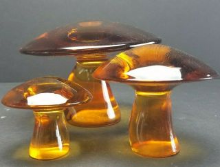 Viking Glass Amber 3 - Piece Mushroom Set - - Small Large Jumbo Paperweight
