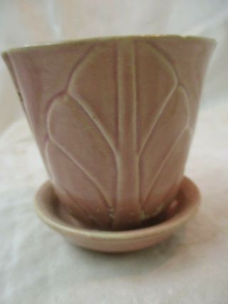 Vintage Mccoy Pink Pottery Flower Pot With Attached Saucer Fan Shaped Leaf 320