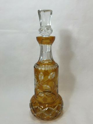 Vintage Large Bohemian Czech Crystal Amber Cut To Clear Decanter,  16 3/4 " Tall