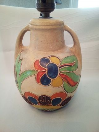 1914 Hand Decorated Pottery Lamp Mission Arts Crafts Colorful Decorative Possibl