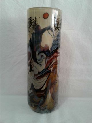 Rich Miller Scenic Art Glass Vase 11 3/4 " Tall Signed